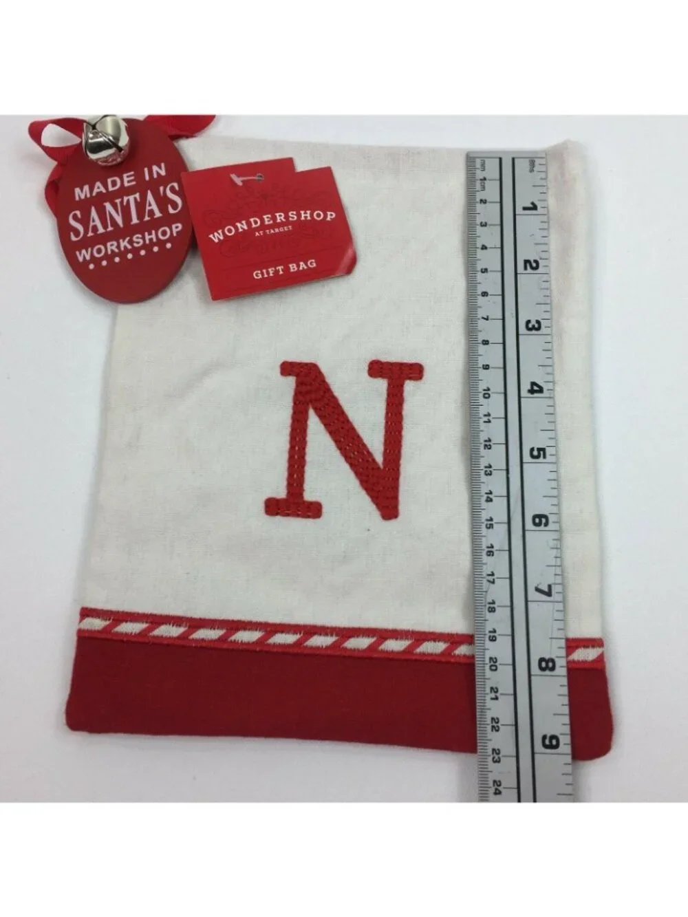 Wondershop White Monogram Red Initial N Drawstring Gift Bag Santas Workshop Bell